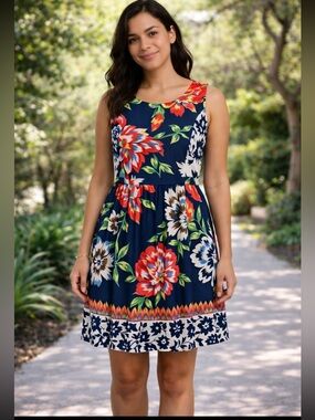 Reborn Floral Fit & Flare Dress | Sleeveless Navy Midi w/ Pockets M